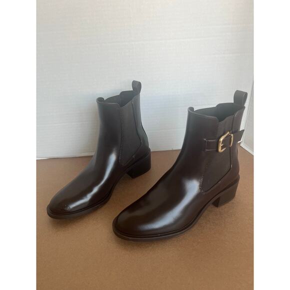 Zara Chelsea Brown Vegan Buckle Detail Round Toe Pull On Ankle Boots Sz 8 - Picture 1 of 12
